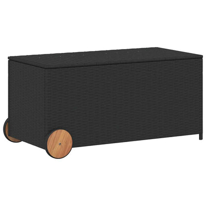vidaXL Garden Storage Box with Wheels Black 190L Poly Rattan - 107 x 55 x 50/53 cm