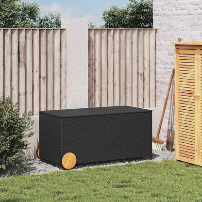 vidaXL Garden Storage Box with Wheels Black 190L Poly Rattan - 107 x 55 x 50/53 cm