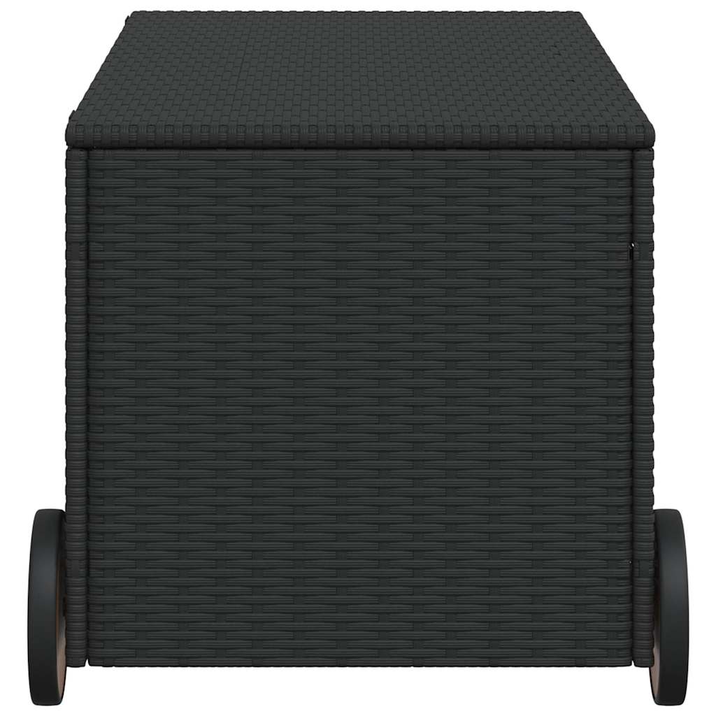 vidaXL Garden Storage Box with Wheels Black 190L Poly Rattan - 107 x 55 x 50/53 cm