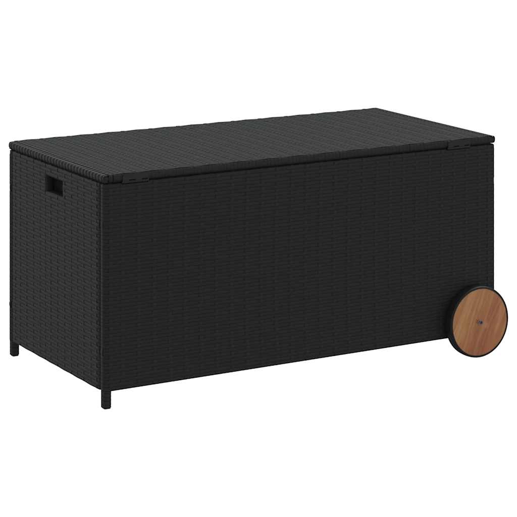 vidaXL Garden Storage Box with Wheels Black 190L Poly Rattan - 107 x 55 x 50/53 cm