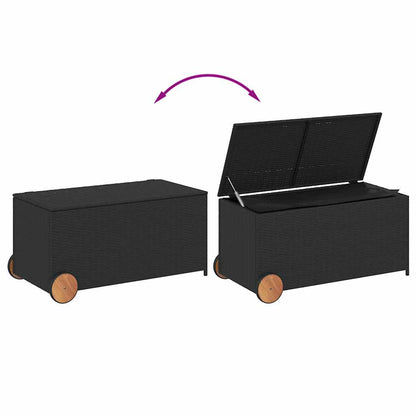 vidaXL Garden Storage Box with Wheels Black 190L Poly Rattan - 107 x 55 x 50/53 cm