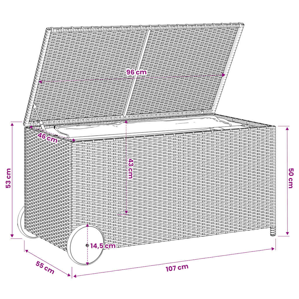 vidaXL Garden Storage Box with Wheels Black 190L Poly Rattan - 107 x 55 x 50/53 cm