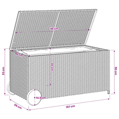 vidaXL Garden Storage Box with Wheels Black 190L Poly Rattan - 107 x 55 x 50/53 cm