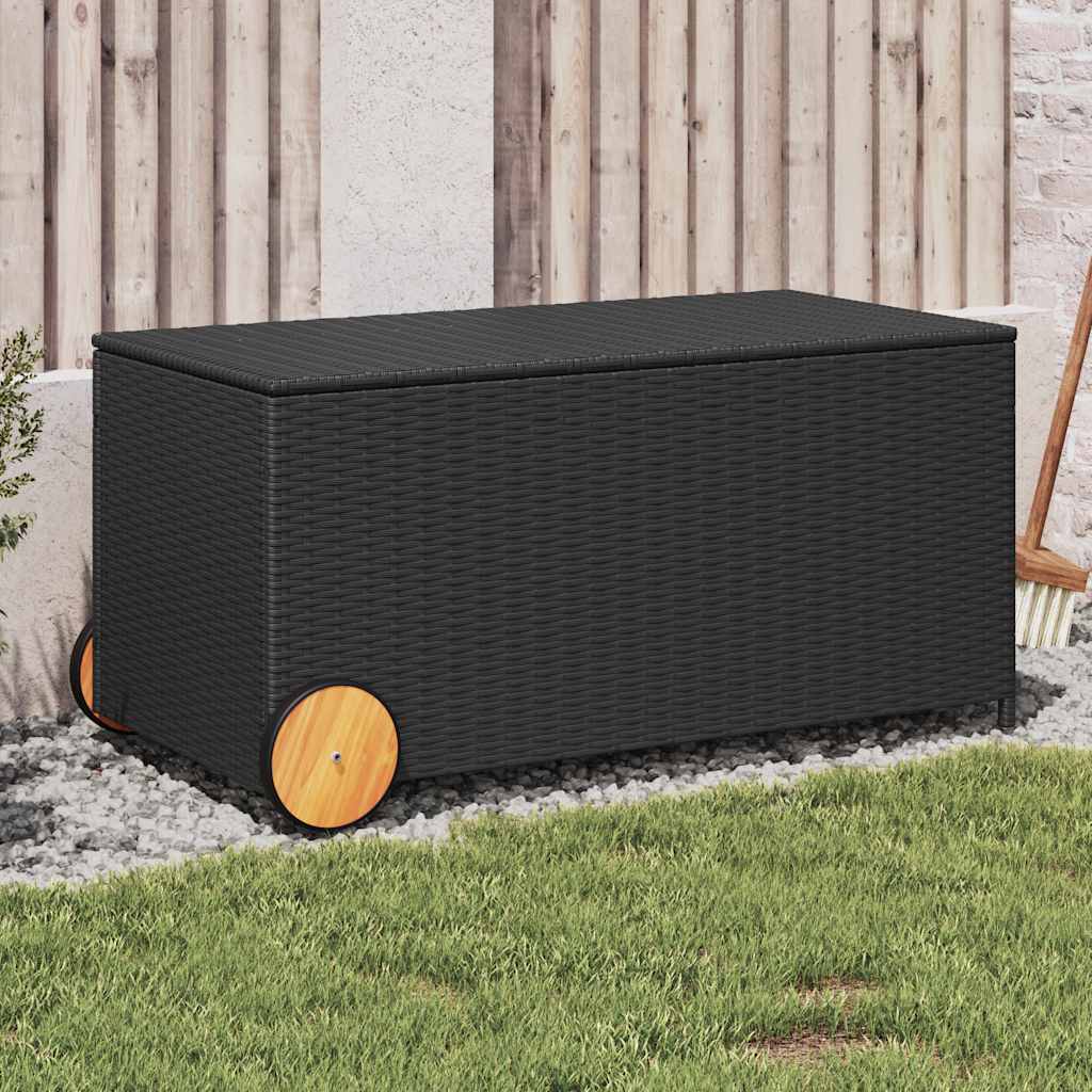 vidaXL Garden Storage Box with Wheels Black 190L Poly Rattan - 107 x 55 x 50/53 cm