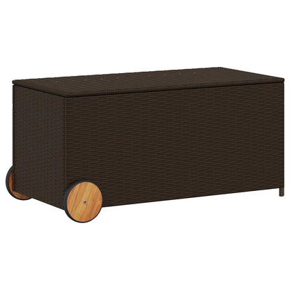 vidaXL Garden Storage Box with Wheels Brown 190L Poly Rattan - 107 x 55 x 50/53 cm
