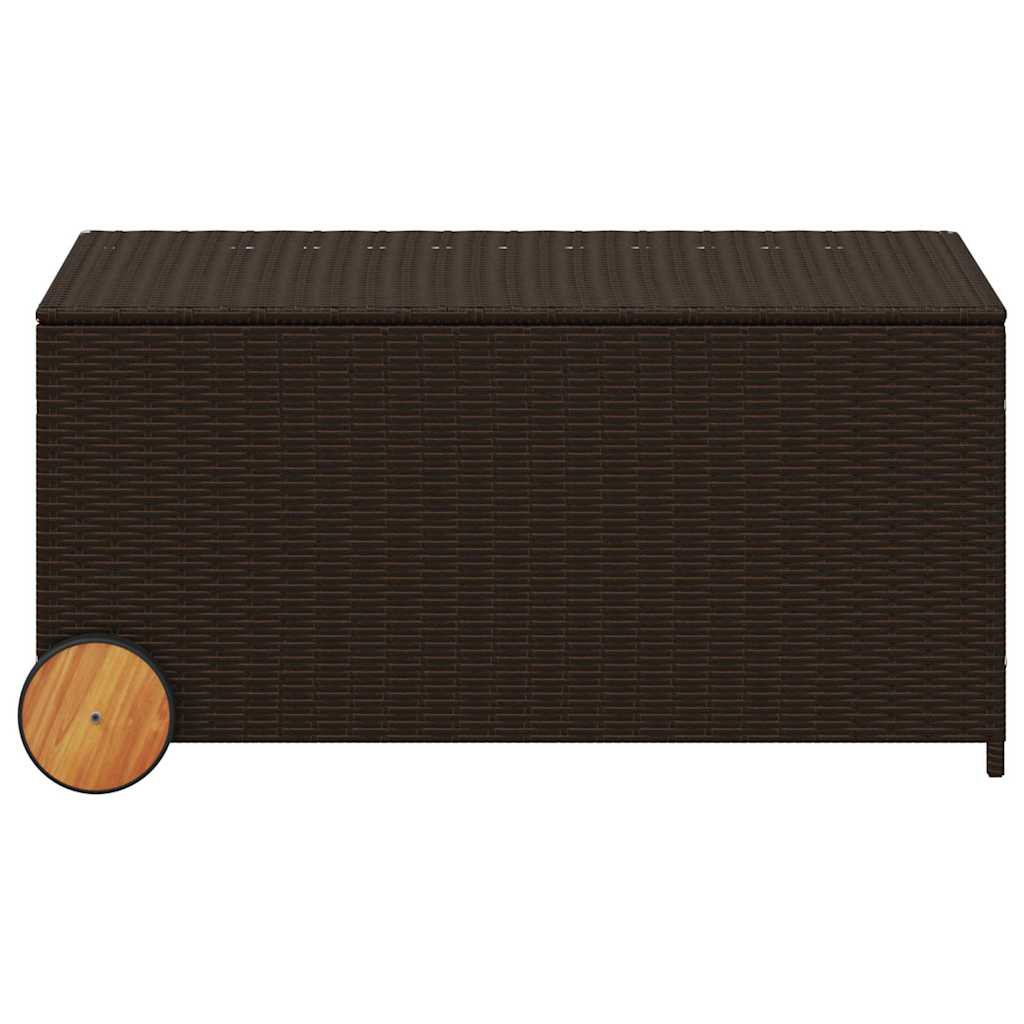 vidaXL Garden Storage Box with Wheels Brown 190L Poly Rattan - 107 x 55 x 50/53 cm