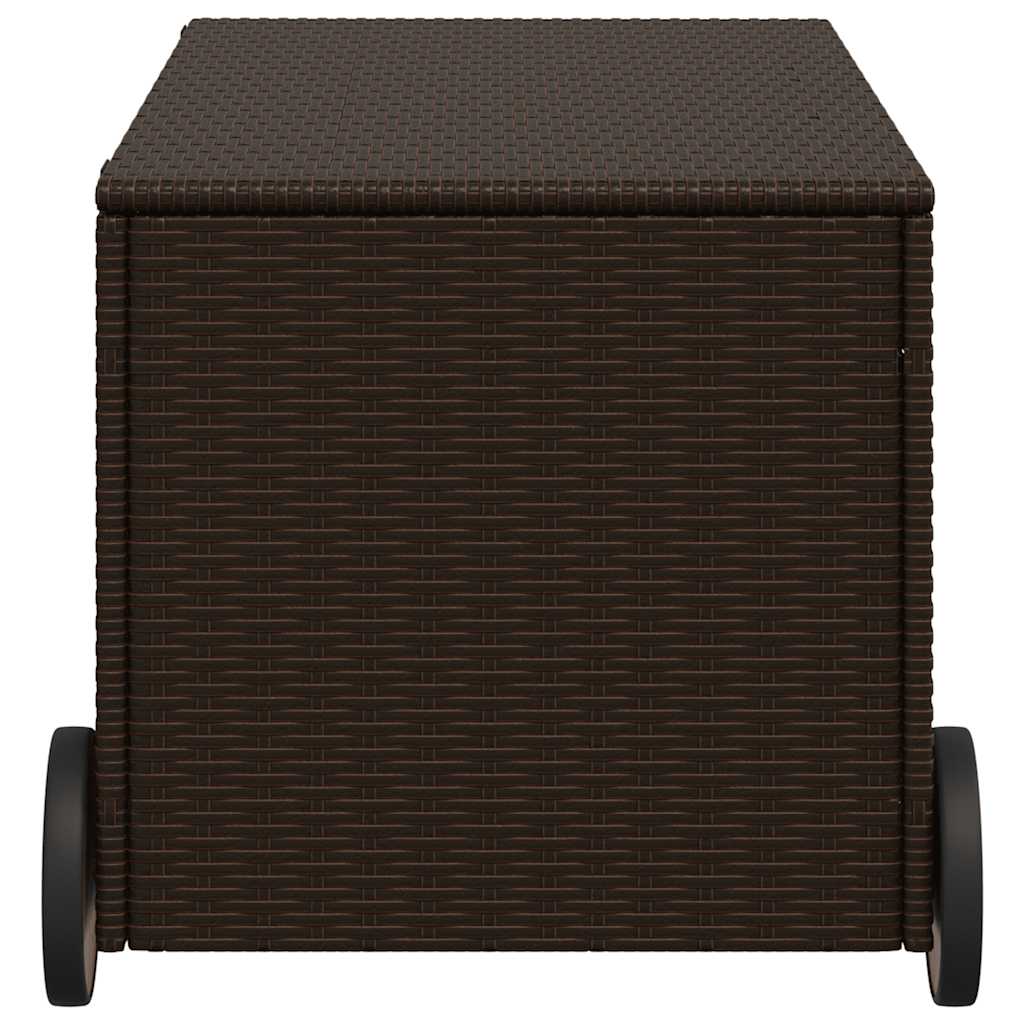 vidaXL Garden Storage Box with Wheels Brown 190L Poly Rattan - 107 x 55 x 50/53 cm