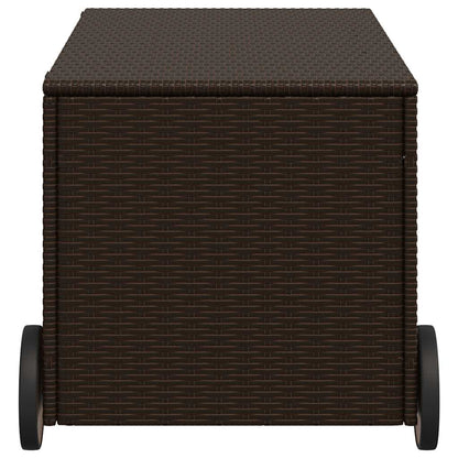 vidaXL Garden Storage Box with Wheels Brown 190L Poly Rattan - 107 x 55 x 50/53 cm