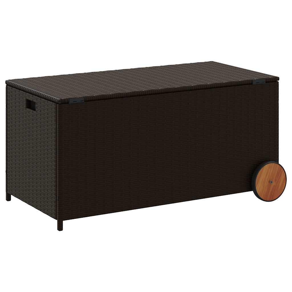 vidaXL Garden Storage Box with Wheels Brown 190L Poly Rattan - 107 x 55 x 50/53 cm
