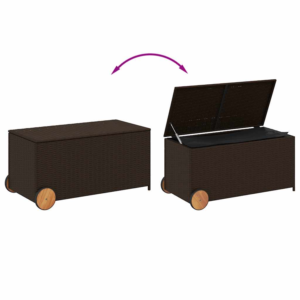 vidaXL Garden Storage Box with Wheels Brown 190L Poly Rattan - 107 x 55 x 50/53 cm