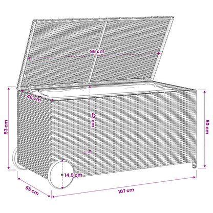 vidaXL Garden Storage Box with Wheels Brown 190L Poly Rattan - 107 x 55 x 50/53 cm