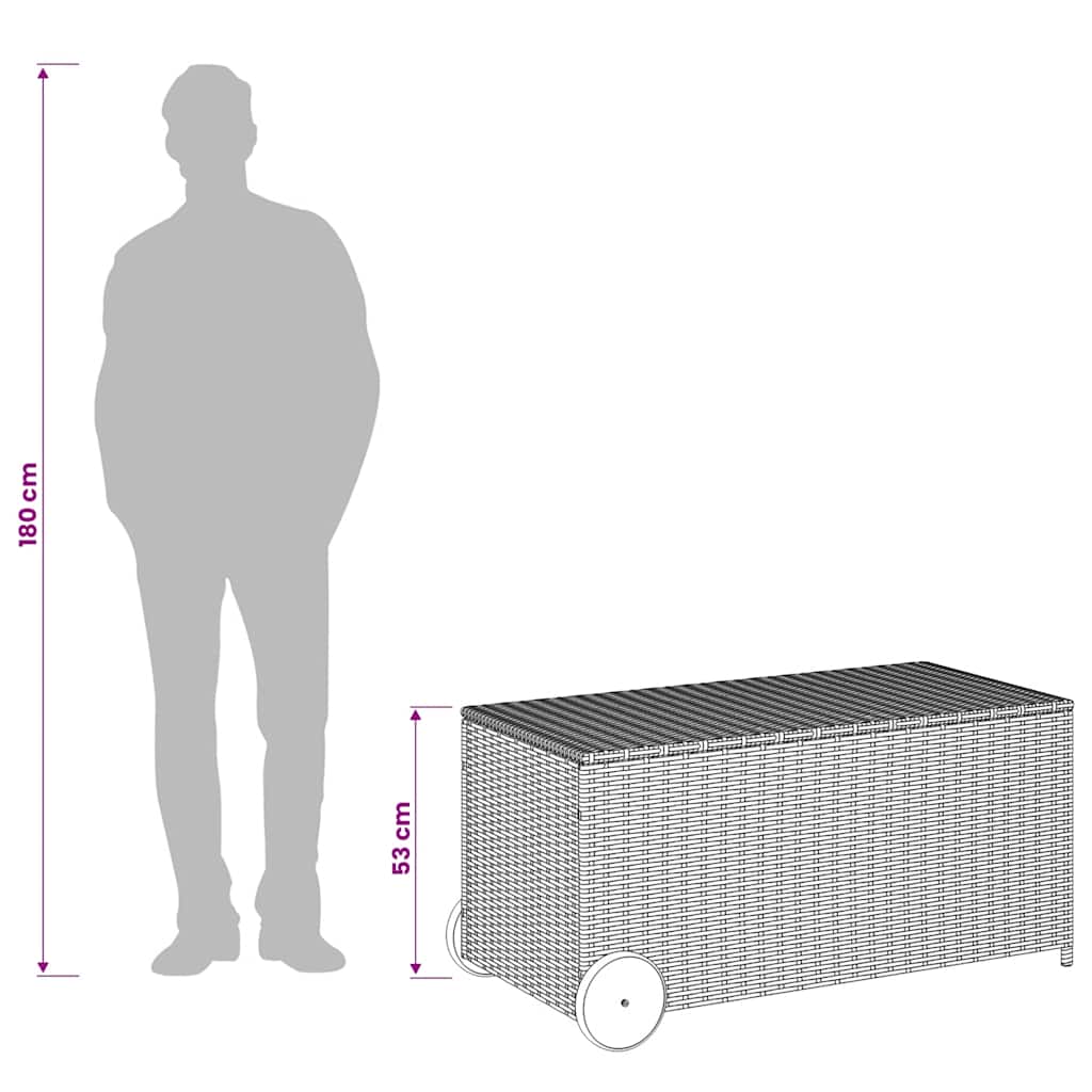 vidaXL Garden Storage Box with Wheels Brown 190L Poly Rattan - 107 x 55 x 50/53 cm