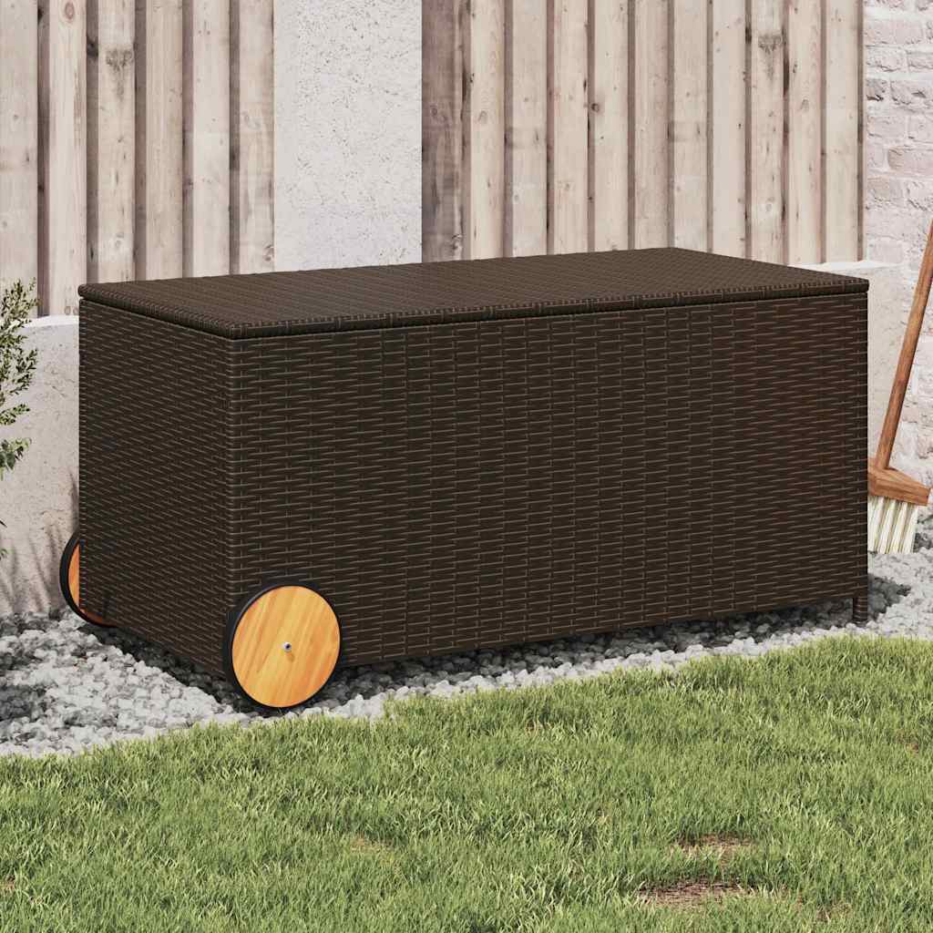 vidaXL Garden Storage Box with Wheels Brown 190L Poly Rattan - 107 x 55 x 50/53 cm