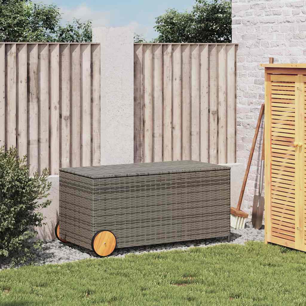vidaXL Garden Storage Box with Wheels Grey 190L Poly Rattan - 107 x 55 x 50/53 cm
