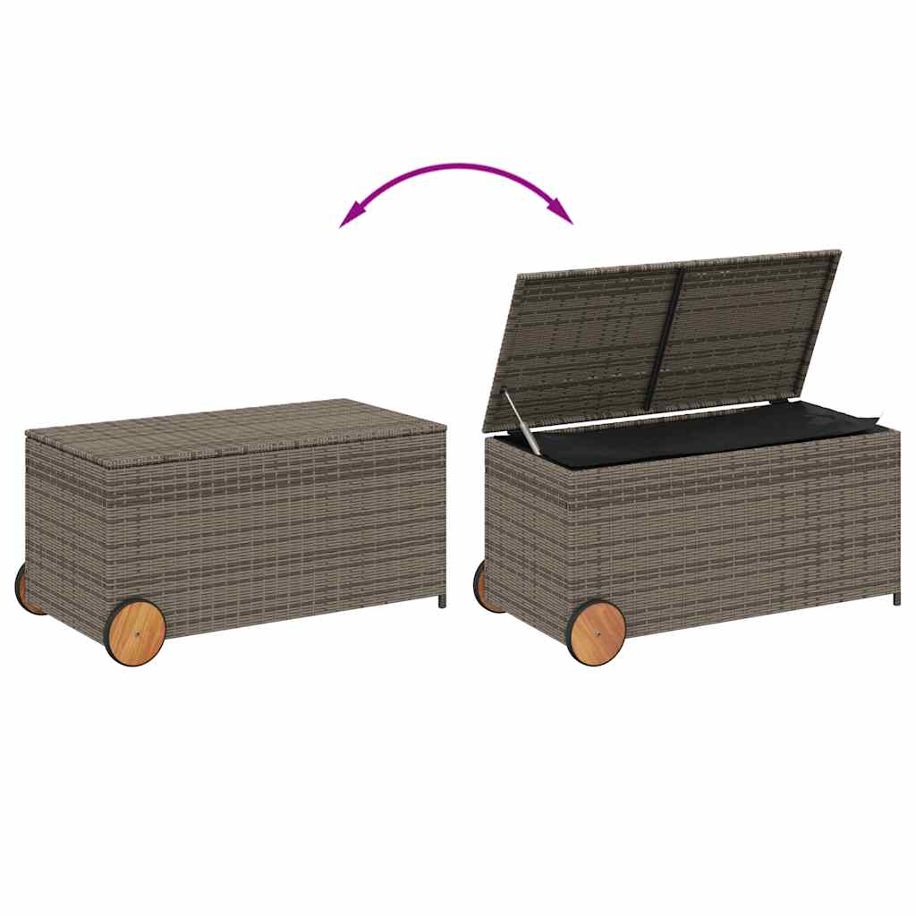 vidaXL Garden Storage Box with Wheels Grey 190L Poly Rattan - 107 x 55 x 50/53 cm
