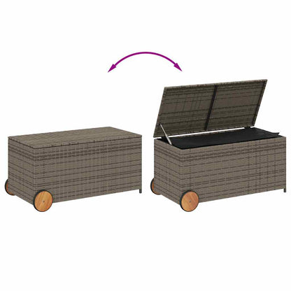 vidaXL Garden Storage Box with Wheels Grey 190L Poly Rattan - 107 x 55 x 50/53 cm