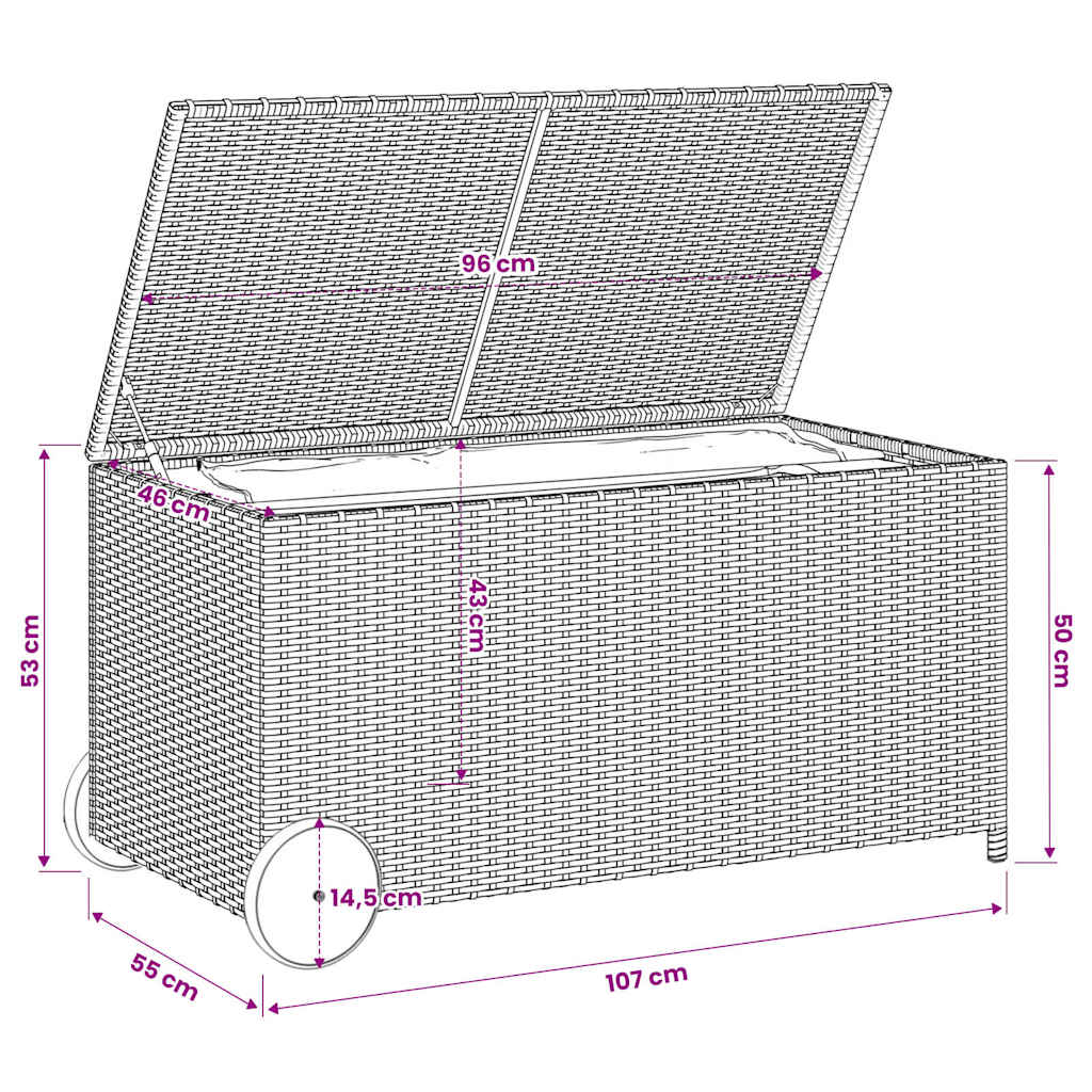 vidaXL Garden Storage Box with Wheels Grey 190L Poly Rattan - 107 x 55 x 50/53 cm