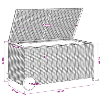 vidaXL Garden Storage Box with Wheels Grey 190L Poly Rattan - 107 x 55 x 50/53 cm