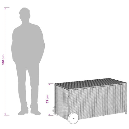 vidaXL Garden Storage Box with Wheels Grey 190L Poly Rattan - 107 x 55 x 50/53 cm