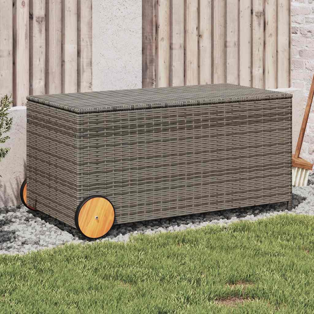 vidaXL Garden Storage Box with Wheels Grey 190L Poly Rattan - 107 x 55 x 50/53 cm