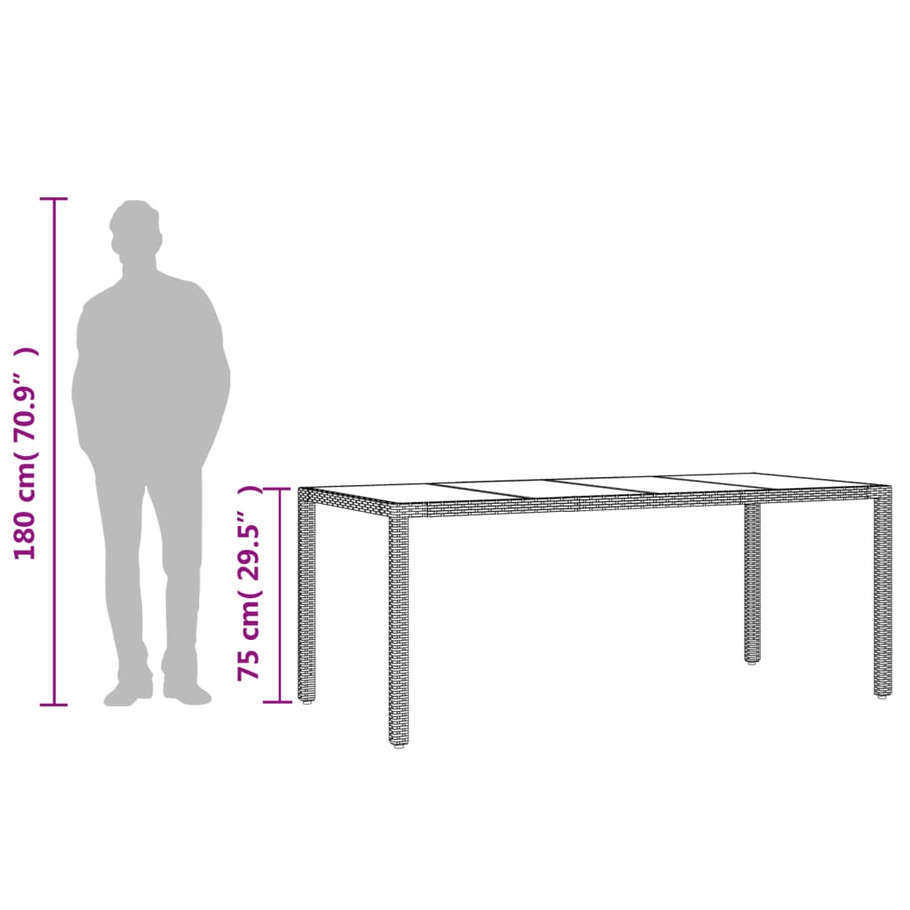 vidaXL Garden Table with Glass Top Grey 190x90x75 cm Poly Rattan