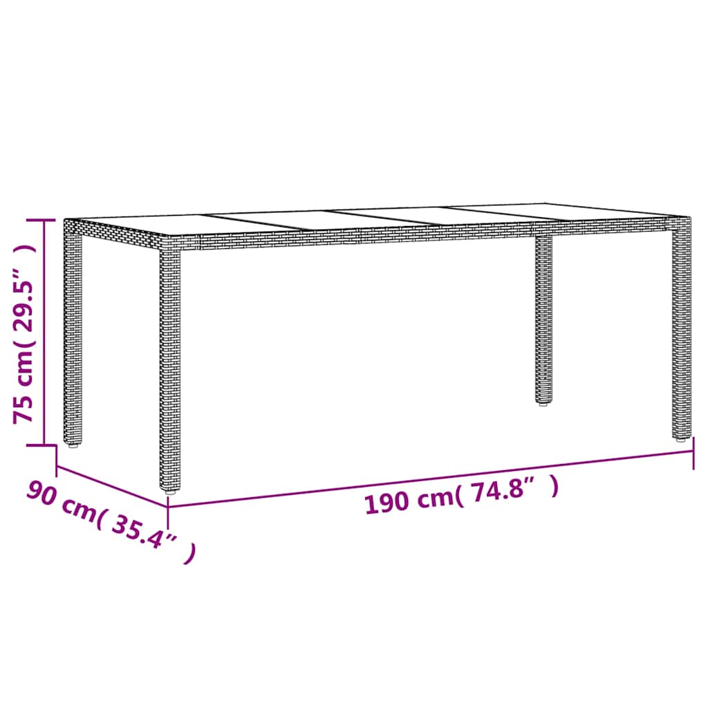 vidaXL Garden Table with Glass Top Brown 190x90x75 cm Poly Rattan