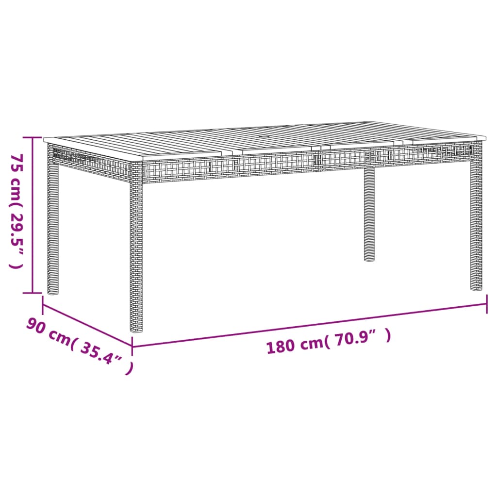 vidaXL Garden Table Grey 180x90x75 cm Poly Rattan Acacia Wood