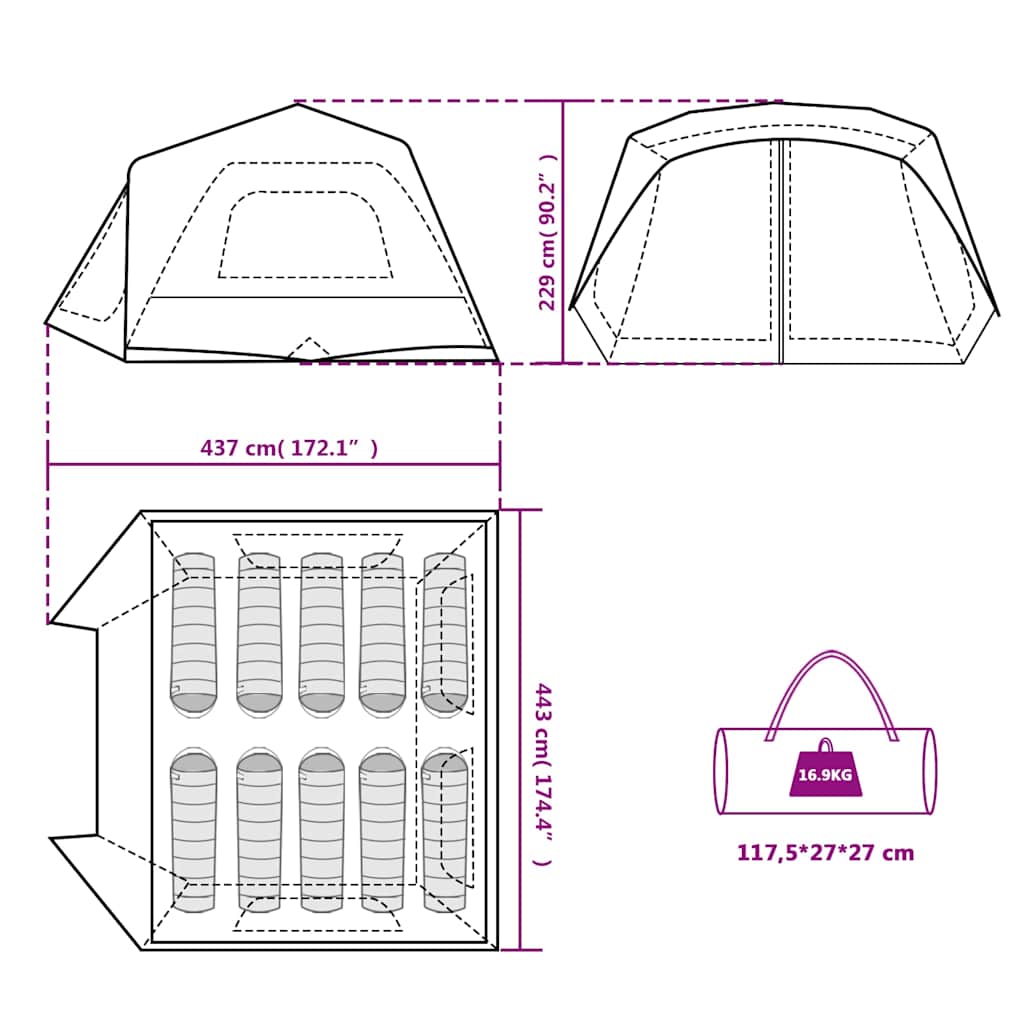 vidaXL Family Tent 10-Person Grey and Orange Quick Release Waterproof