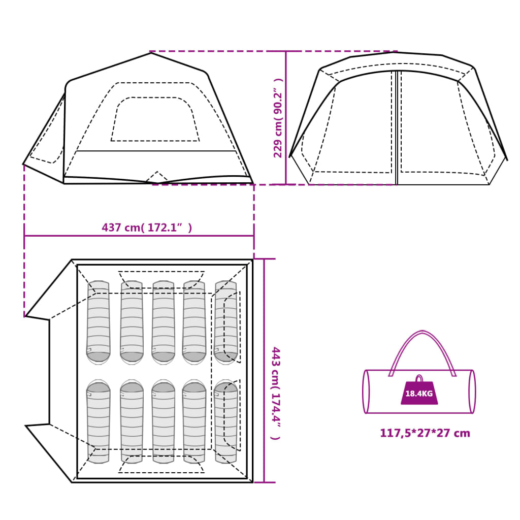 vidaXL Family Tent with LED 10-Person Light Grey and Orange Quick Release