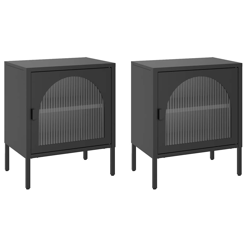 vidaXL Nightstand | Set of 2 | Black | Powder-coated steel, fluted glass