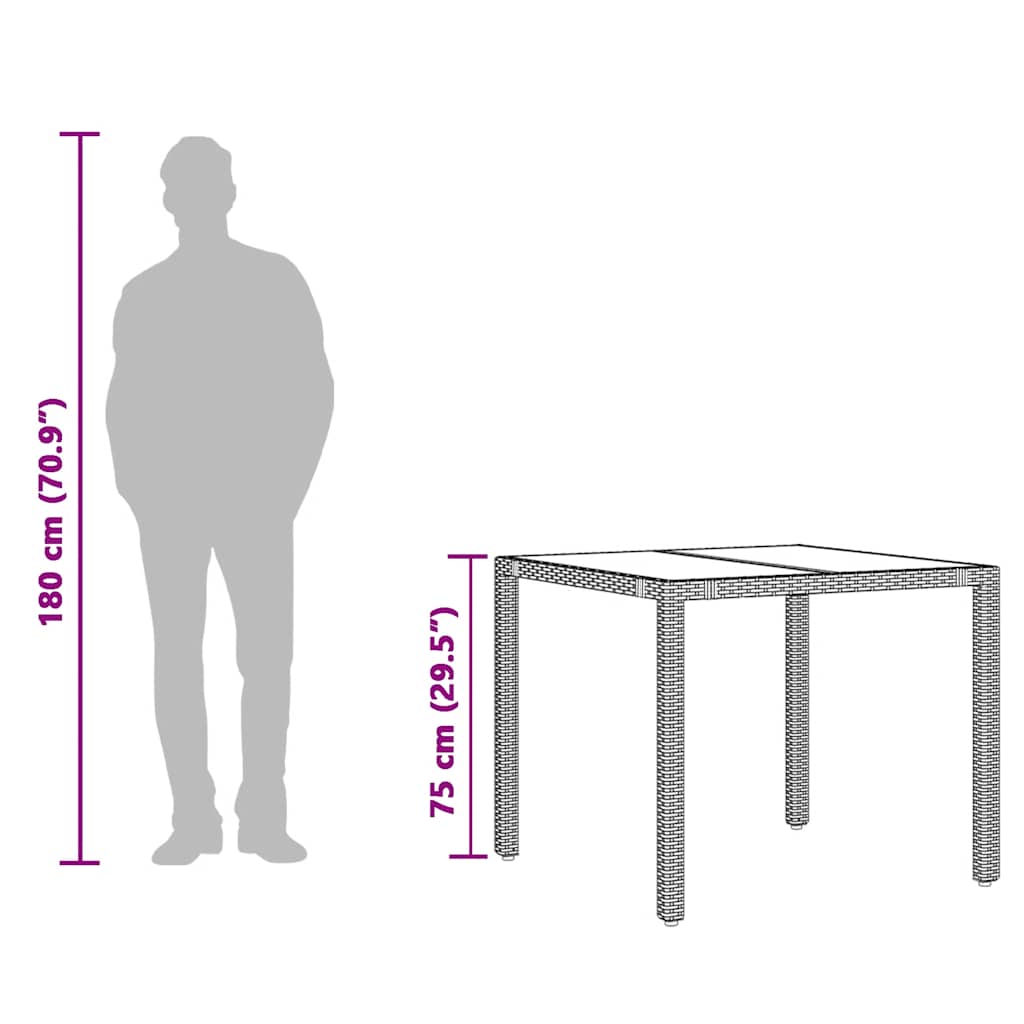 vidaXL Garden Table with Glass Top Grey 90x90x75 cm Poly Rattan - 25535