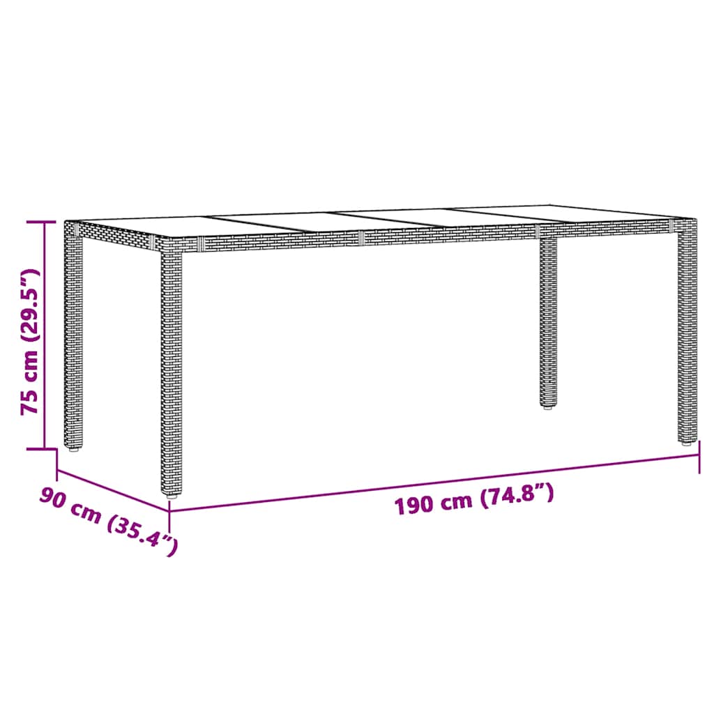 vidaXL Garden Table with Glass Top Grey 190x90x75 cm Poly Rattan - 25571