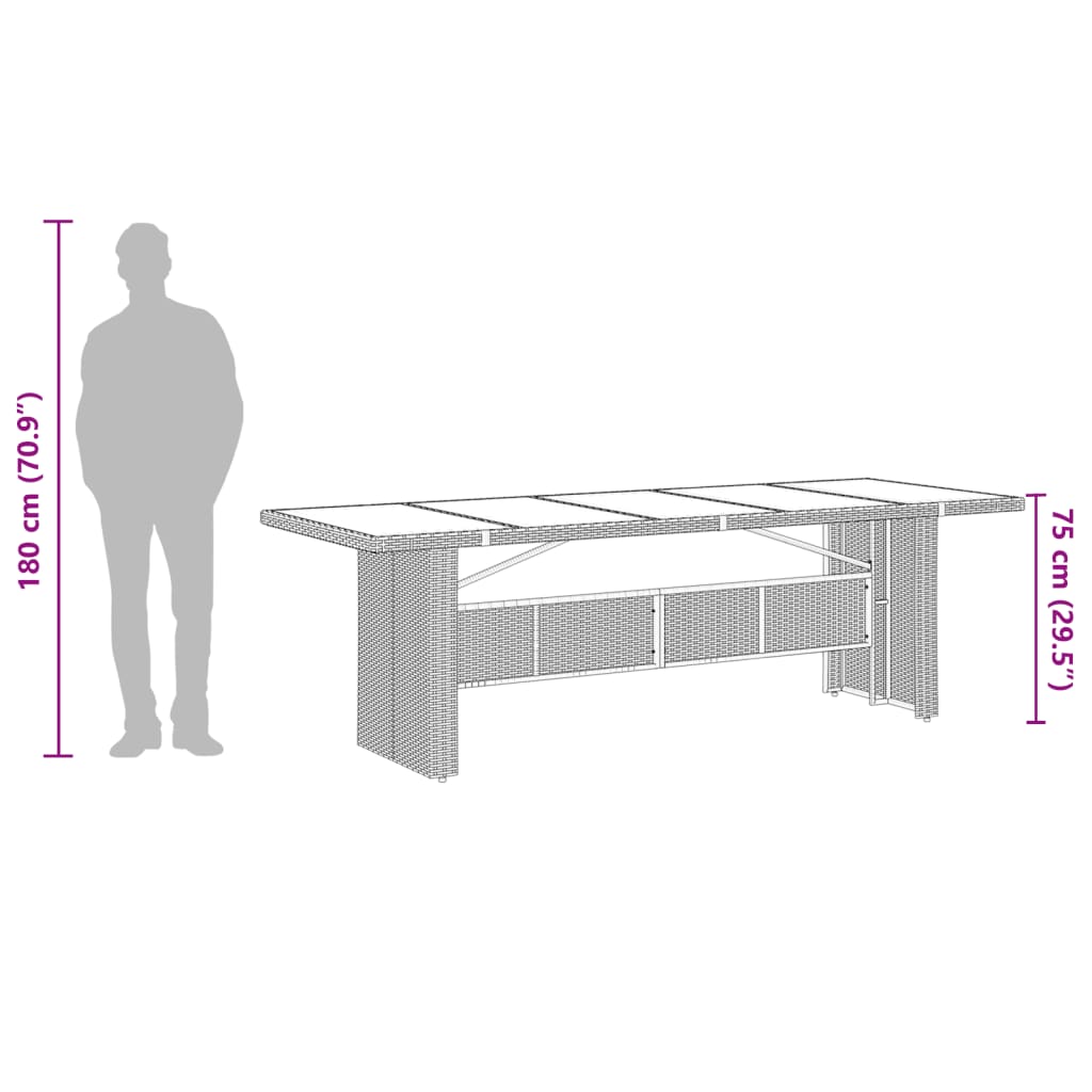 vidaXL Garden Table with Glass Top Brown 240x90x75 cm Poly Rattan