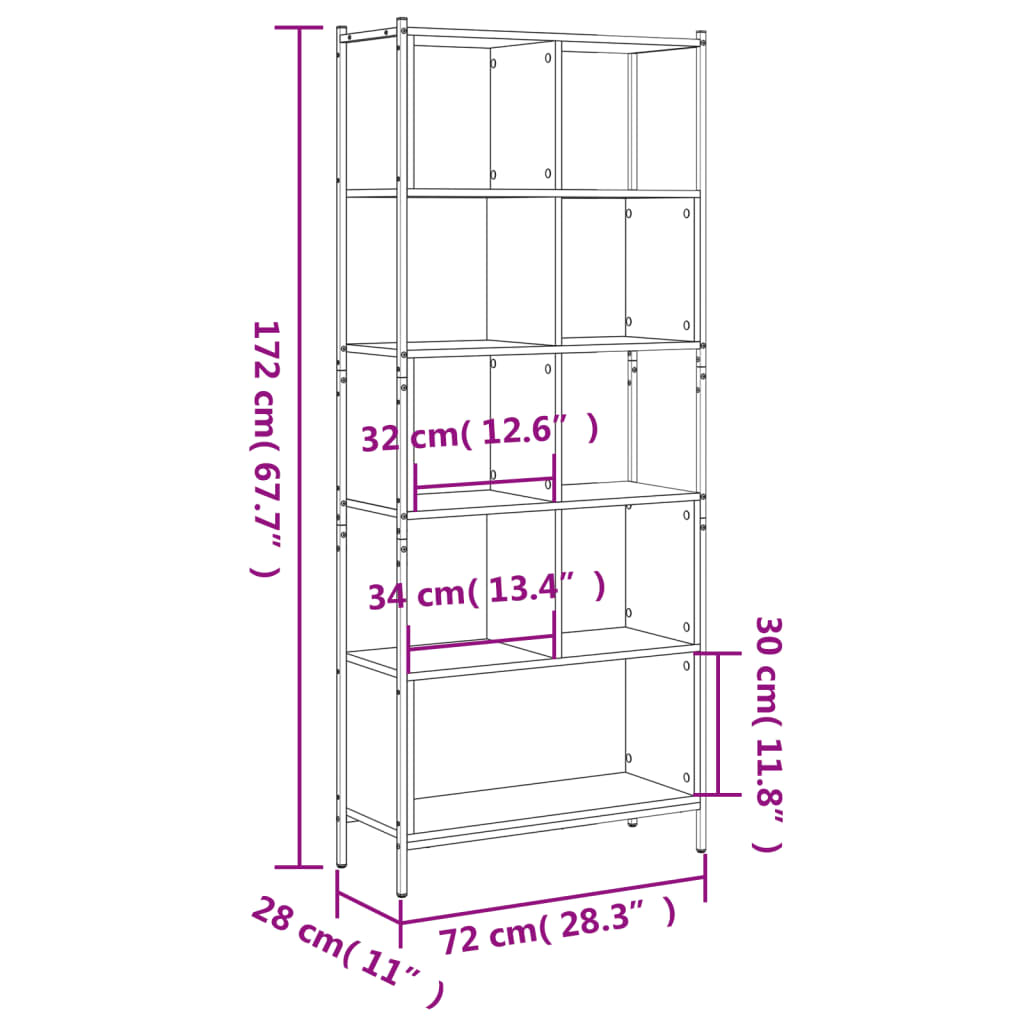 vidaXL Bookcase Smoked Oak 72x28x172 cm Engineered Wood - Brown