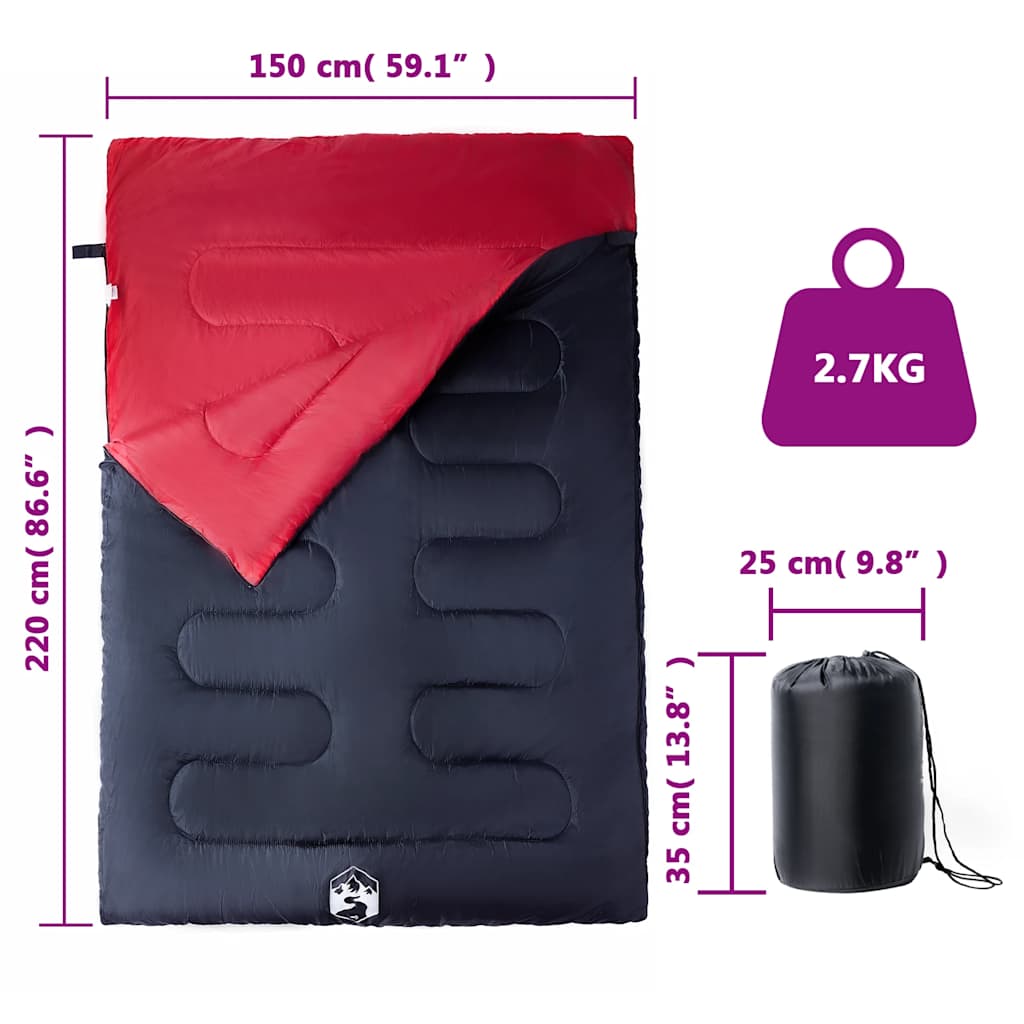 vidaXL Double Sleeping Bag with Pillows for Adults Camping 3-4 Seasons - Red - 220 x 150 cm