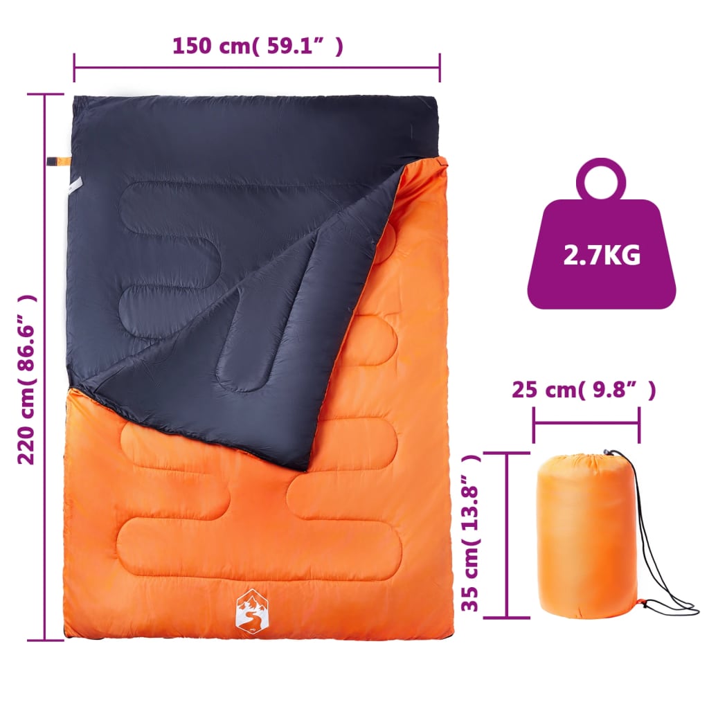 vidaXL Double Sleeping Bag with Pillows for Adults Camping 3-4 Seasons - Orange - 220 x 150 cm