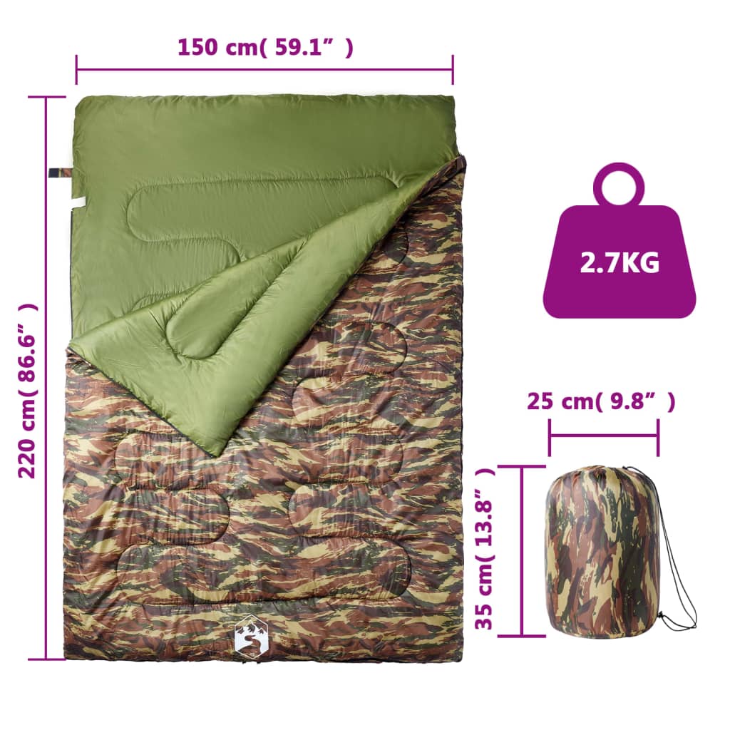 vidaXL Double Sleeping Bag with Pillows for Adults Camping 3-4 Seasons - Gre - 220 x 150 cm