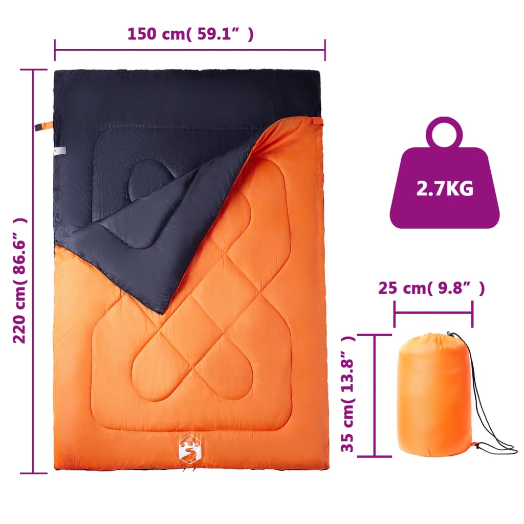 vidaXL Double Sleeping Bag with Pillows for Adults Camping 3-4 Seasons - Orange - 220 x 150 cm - 64140