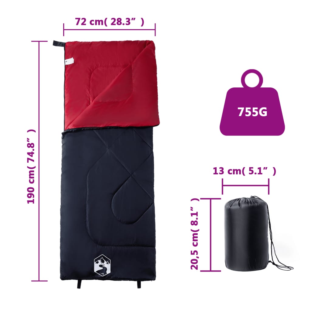 vidaXL Sleeping Bag for Adults Camping 3 Seasons - Red - 190 x 72 cm