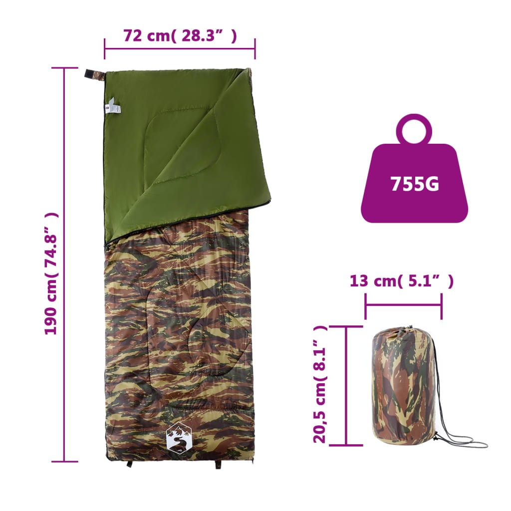 vidaXL Sleeping Bag for Adults Camping 3 Seasons - Gre - 190 x 72 cm