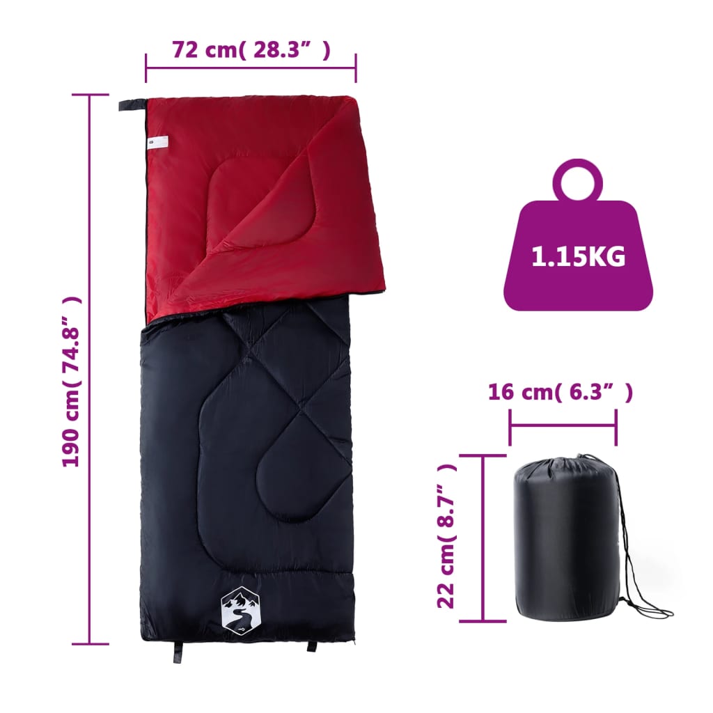vidaXL Sleeping Bag for Adults Camping 3 Seasons - Red - 190 x 72 cm - 64154