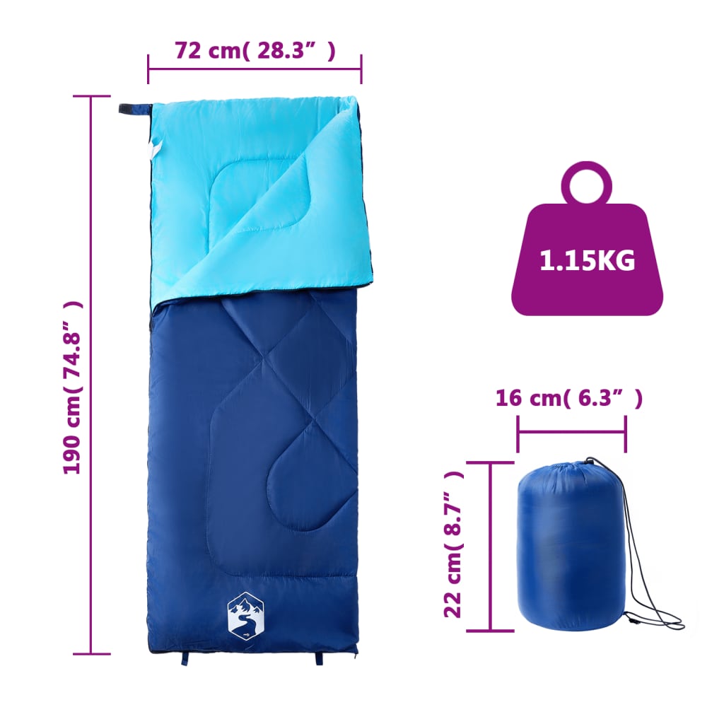 vidaXL Sleeping Bag for Adults Camping 3 Seasons - Blue - 190 x 72 cm - 64159