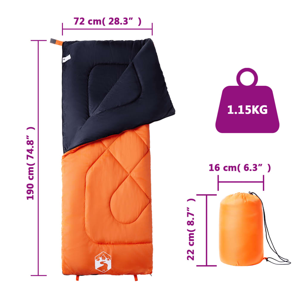 vidaXL Sleeping Bag for Adults Camping 3 Seasons - Orange - 190 x 72 cm - 64166