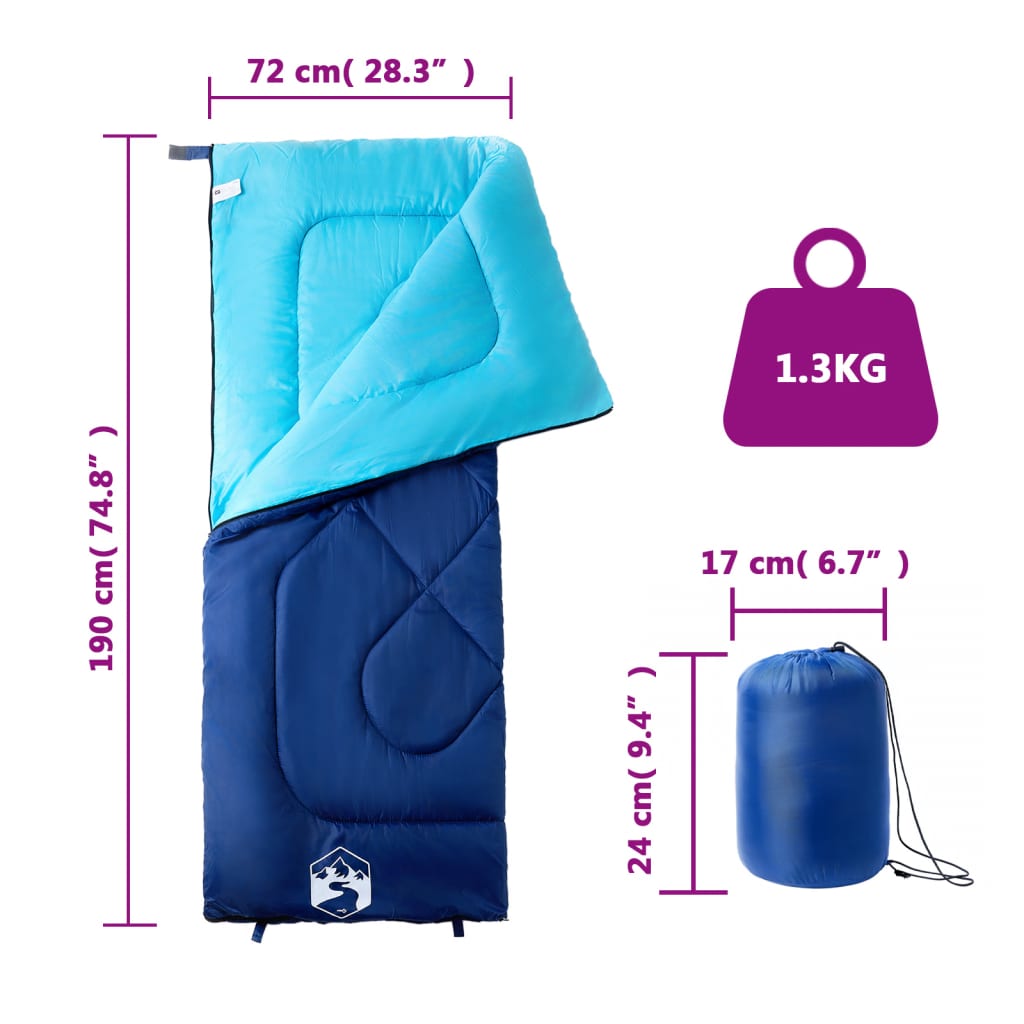vidaXL Sleeping Bag for Adults Camping 3 Seasons - Blue - 190 x 72 cm - 64186