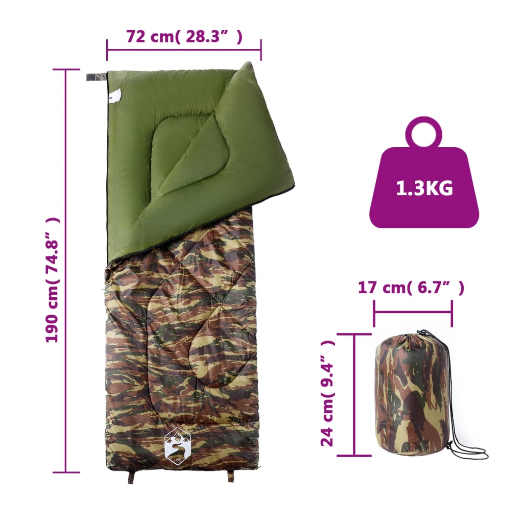 vidaXL Sleeping Bag for Adults Camping 3 Seasons - Gre - 190 x 72 cm - 64198