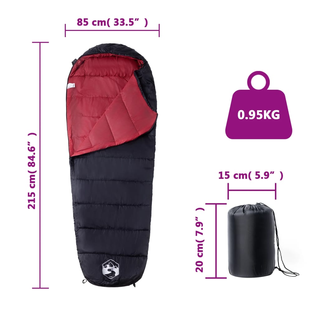 vidaXL Mummy Sleeping Bag for Adults Camping 3 Seasons - Red - 215 x 85 cm