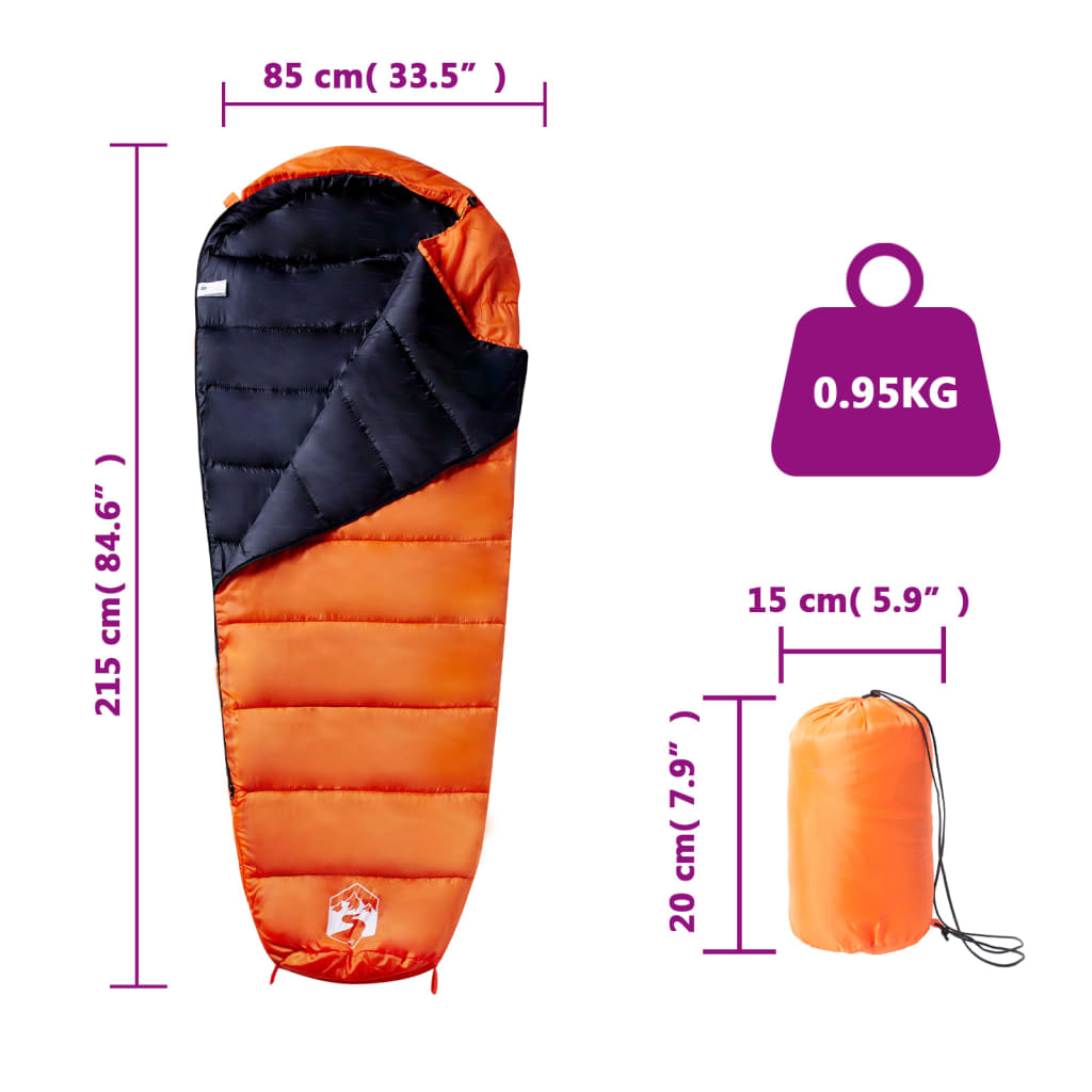 vidaXL Mummy Sleeping Bag for Adults Camping 3 Seasons - Orange - 215 x 85 cm