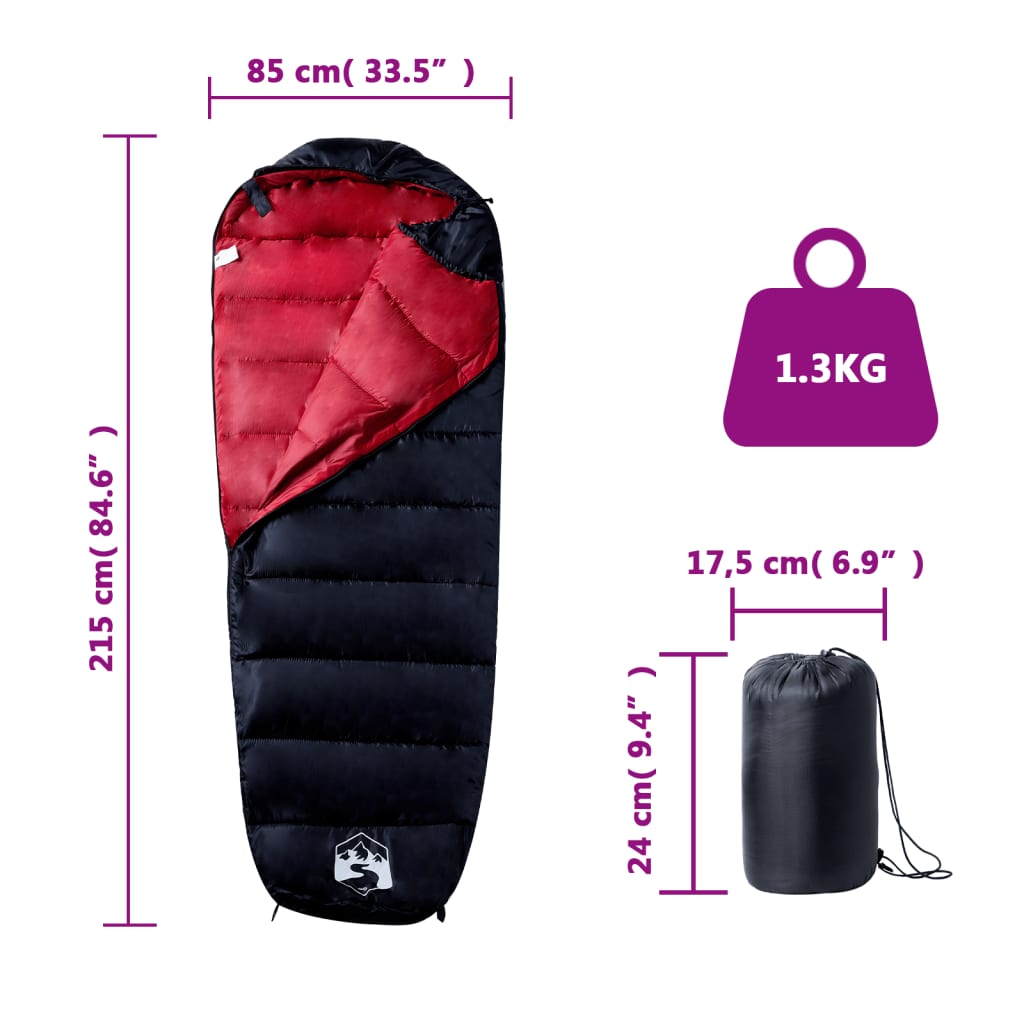 vidaXL Mummy Sleeping Bag for Adults Camping 3 Seasons - Red - 215 x 85 cm - 64229