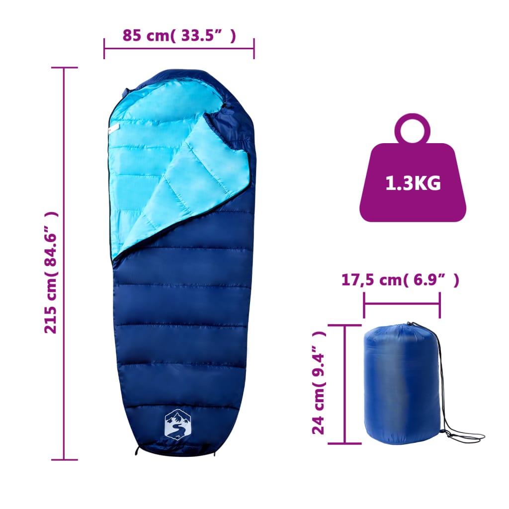 vidaXL Mummy Sleeping Bag for Adults Camping 3 Seasons - Blue - 215 x 85 cm - 64230
