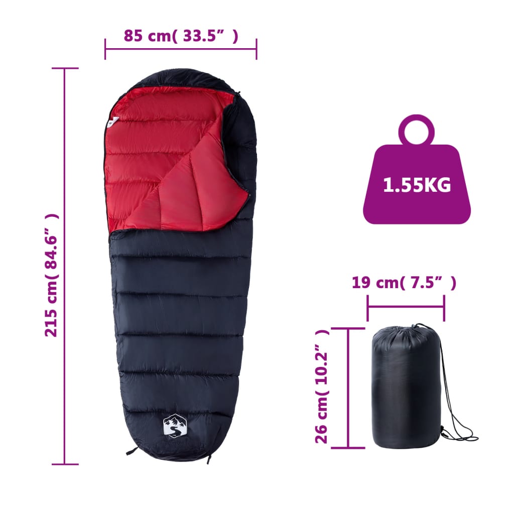 vidaXL Mummy Sleeping Bag for Adults Camping 3 Seasons - Red - 215 x 85 cm - 64259